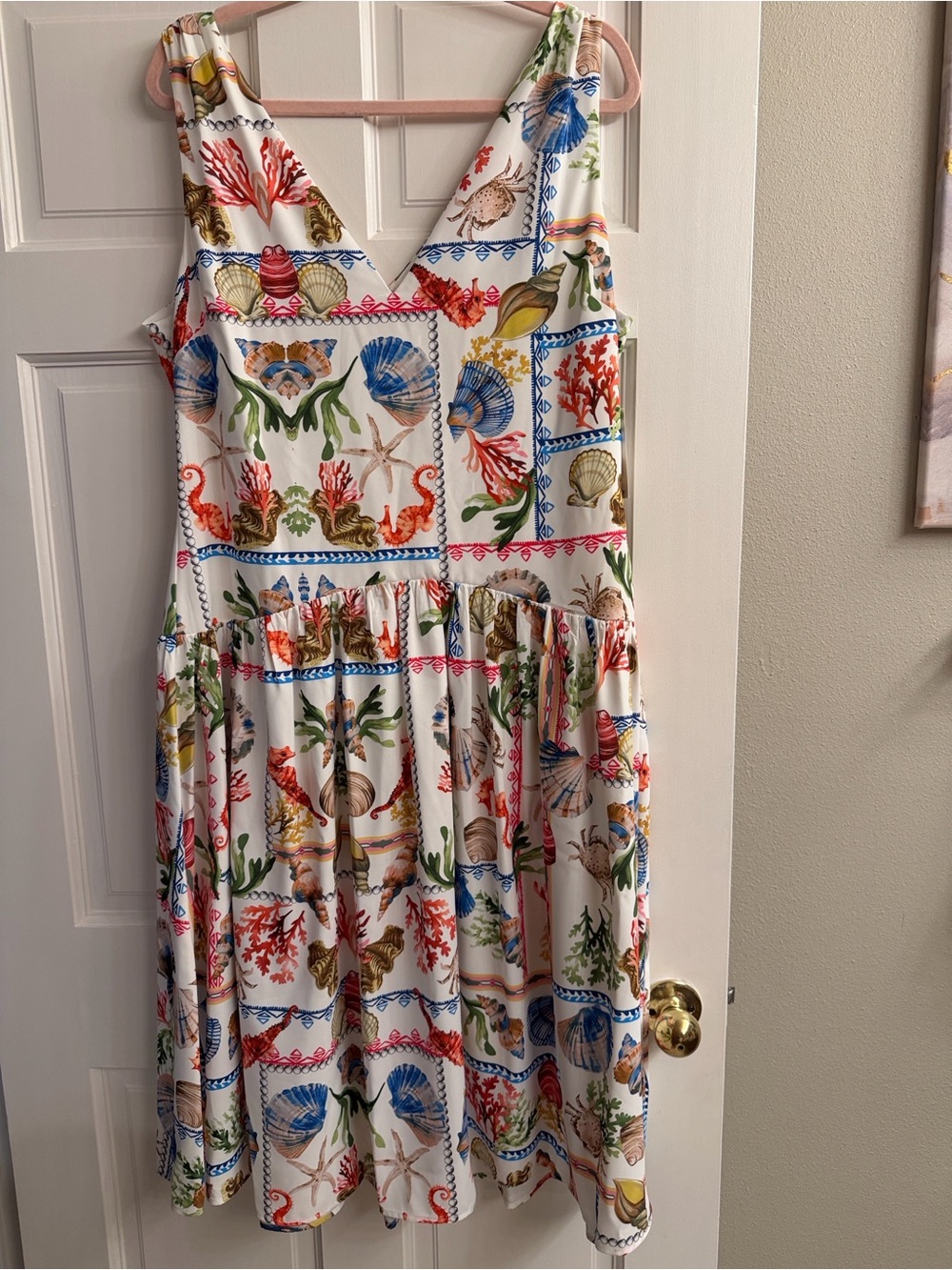 kenzie White Multi Sea Life Print V-Neck Midi Dress